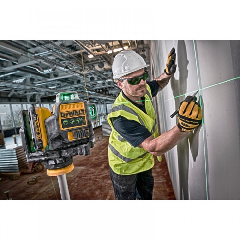 Лазерен линеен нивелир 360° 3 зелени лъча, 12 V, DeWalt DCE089D1G