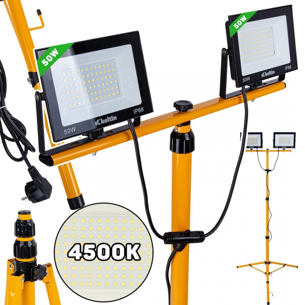 LED прожектор 2x50 W с телескопичен статив, неутрално бяло 4500K - K02054
