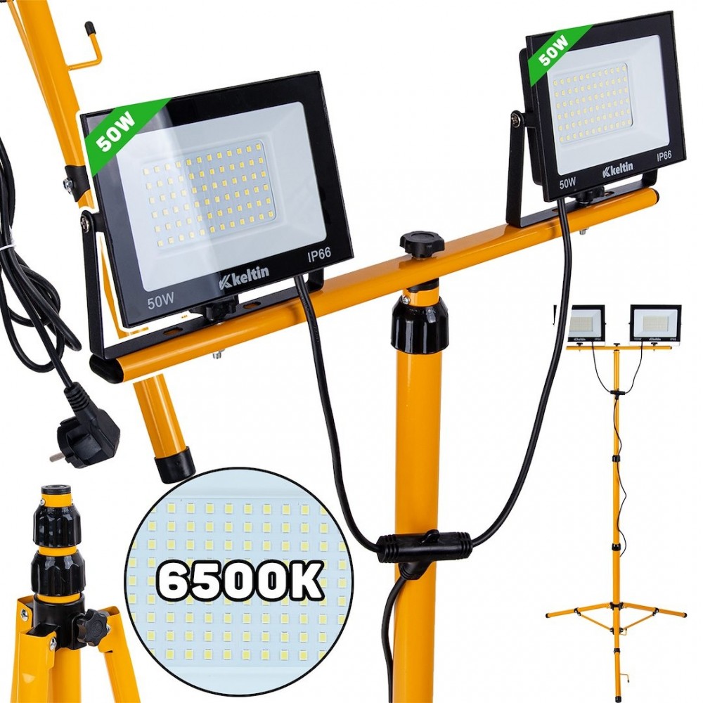 LED прожектор 2x50W с телескопичен статив, студено бял цвят 6500K - K02053