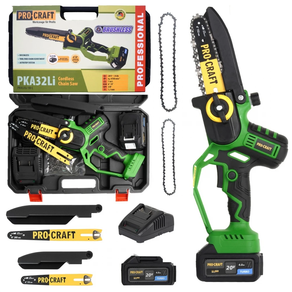 Акумулаторен безчетков верижен трион 6″ и 8″, 1 бр батерия 20V 4Ah, 1 бр зарядно, 2 бр шини и вериги, куфар - PKA32Li