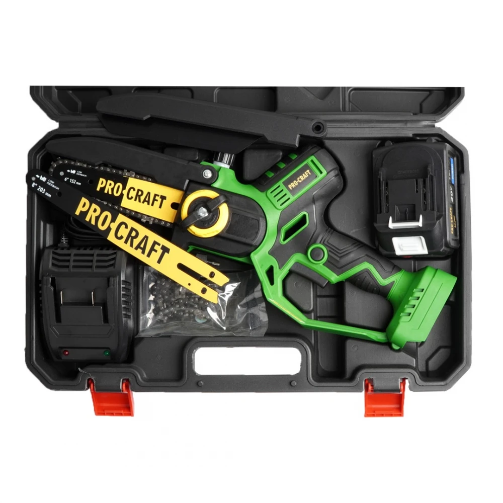 Акумулаторен безчетков верижен трион 6″ и 8″, 1 бр батерия 20V 4Ah, 1 бр зарядно, 2 бр шини и вериги, куфар - PKA32Li