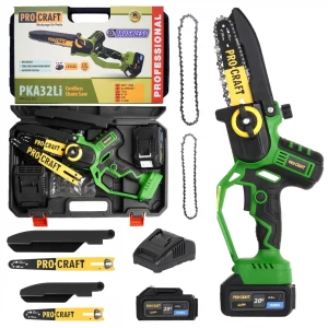 Акумулаторен безчетков верижен трион 6″ и 8″, 1 бр батерия 20V 4Ah, 1 бр зарядно, 2 бр шини и вериги, куфар - PKA32Li