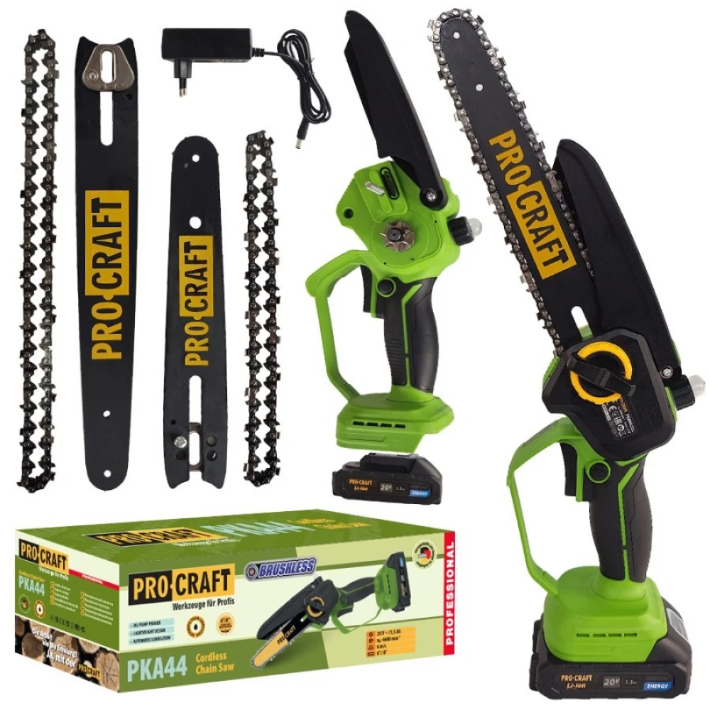 Акумулаторен безчетков верижен трион с 2 бр шини, 2 бр вериги, 1 бр батерия и 1 бр зарядно - PKA44