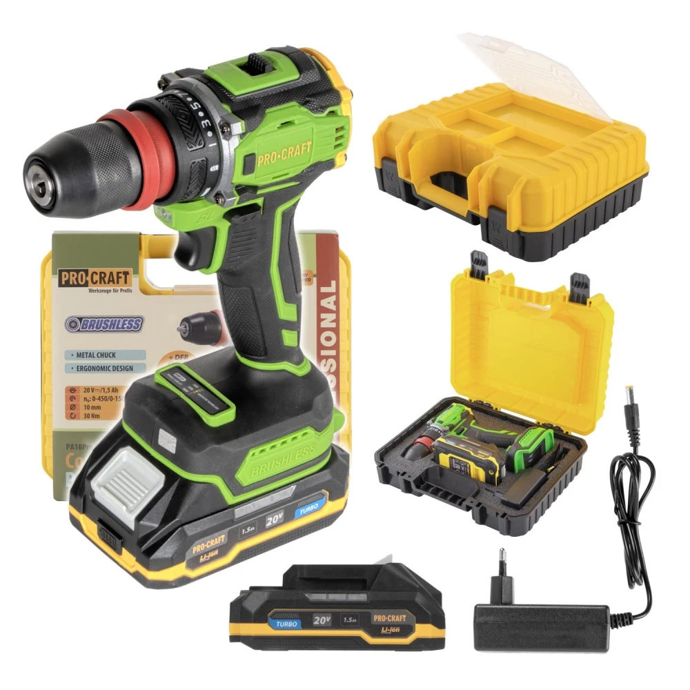 Акумулаторен безчетков винтоверт 20V, сменяем метален патронник 10 мм, една батерия 1.5Ah, куфар, зарядно - PA18ProDFR