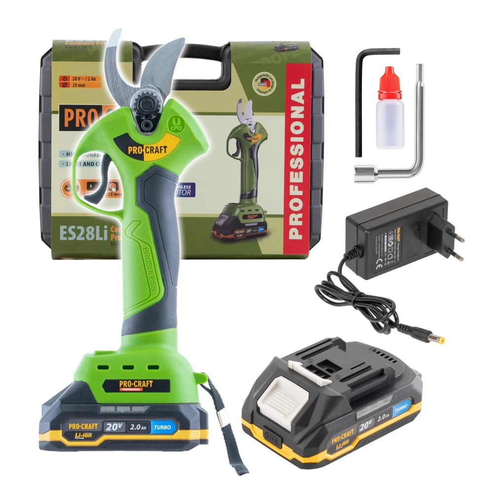 Акумулаторна лозарска ножица, 20V, рязане 10/15/20/25 мм, 1бр батерия 20V 2Ah, 1 бр зарядно - ES28Li