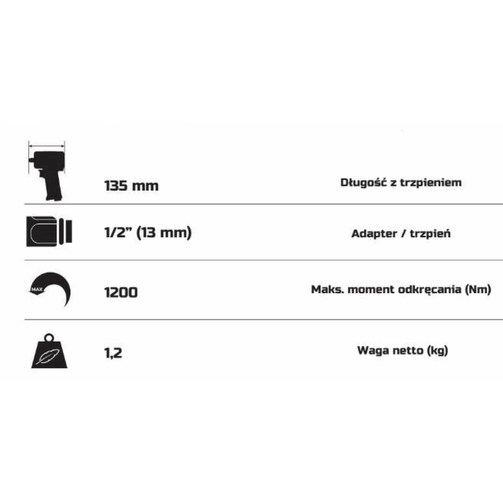 Пневматичен ударен гайковерт 1200 Nm, 1/2'', 1.2 кг. - PX22