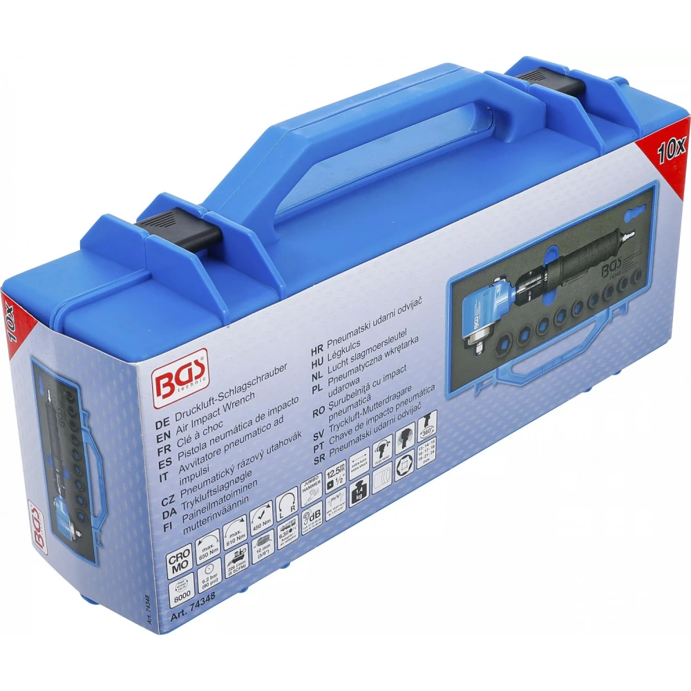 Ъглов пневматичен ударен гайковерт и вложки 10 части, 650 Nm - BGS74348