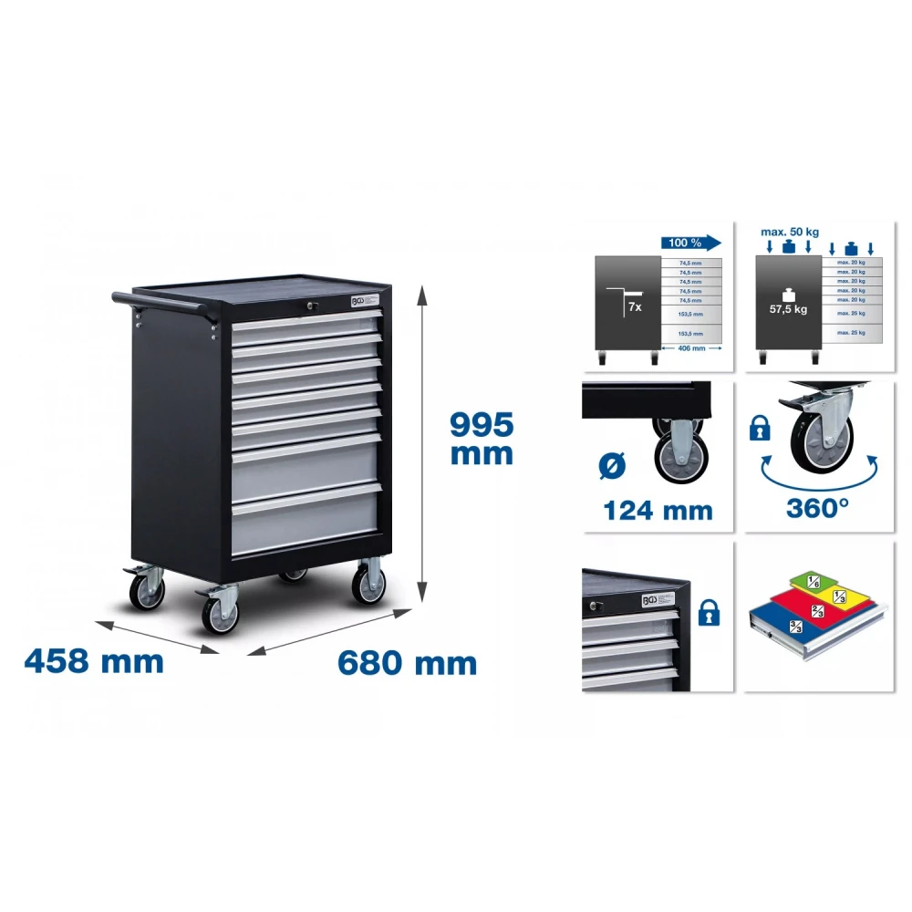 Оборудвана количка количка за двигатели със 7 чекмеджета 223 части - BGS6076