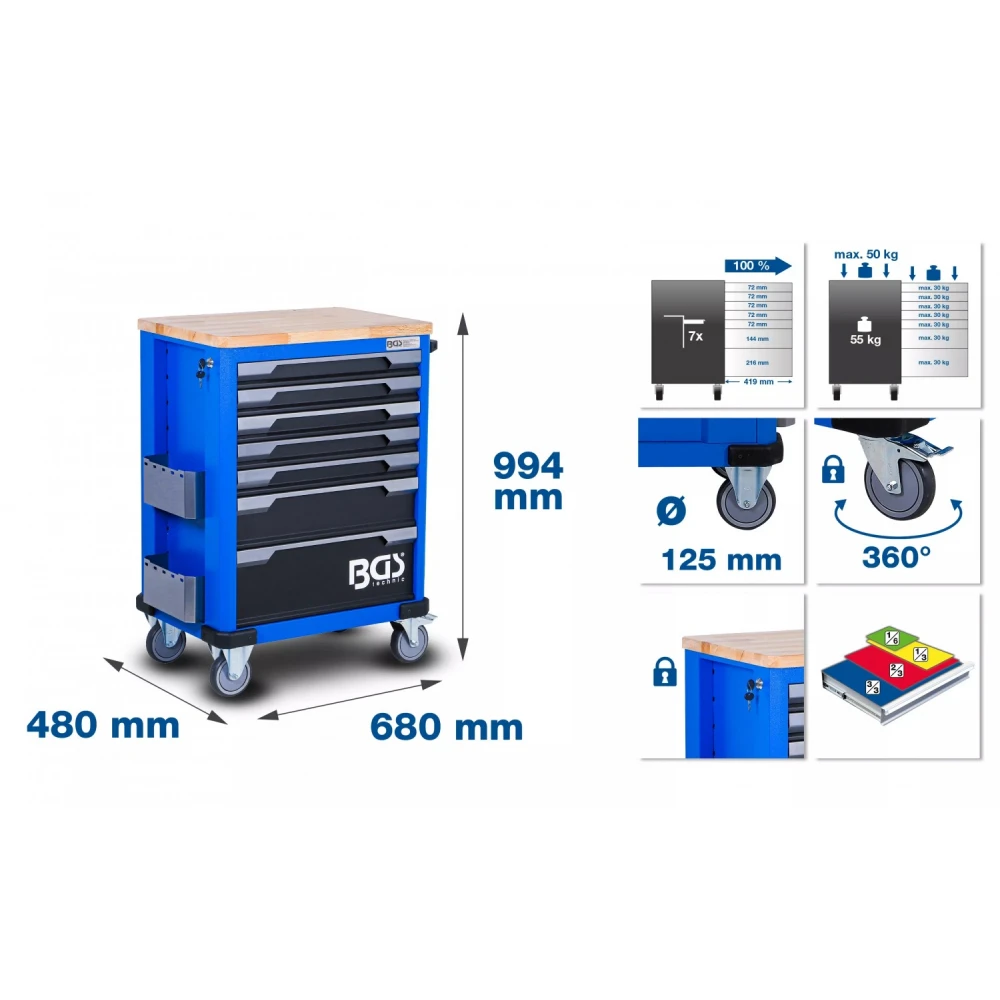 Работна мобилна количка / шкаф за инструменти 7 чекмеджета - BGS4238