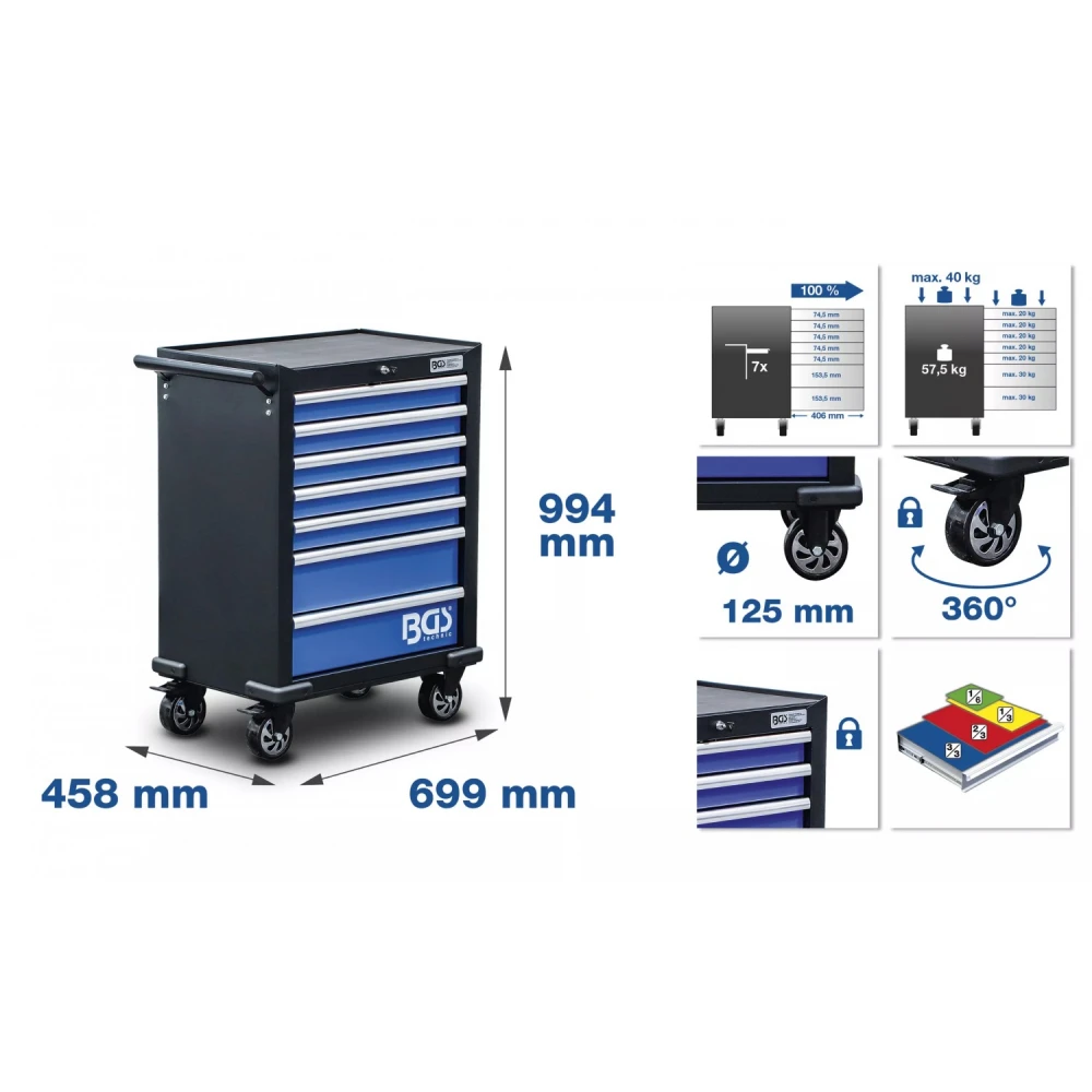 Работна количка / шкаф с инструменти 7 чекмеджета с 263 части - BGS4207