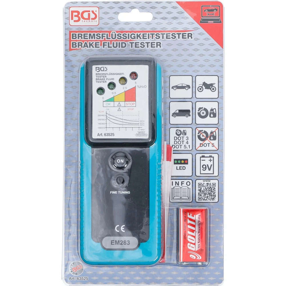 Тестер за спирачна течност DOT3, DOT4 и DOT5.1, 4 LED - BGS63525