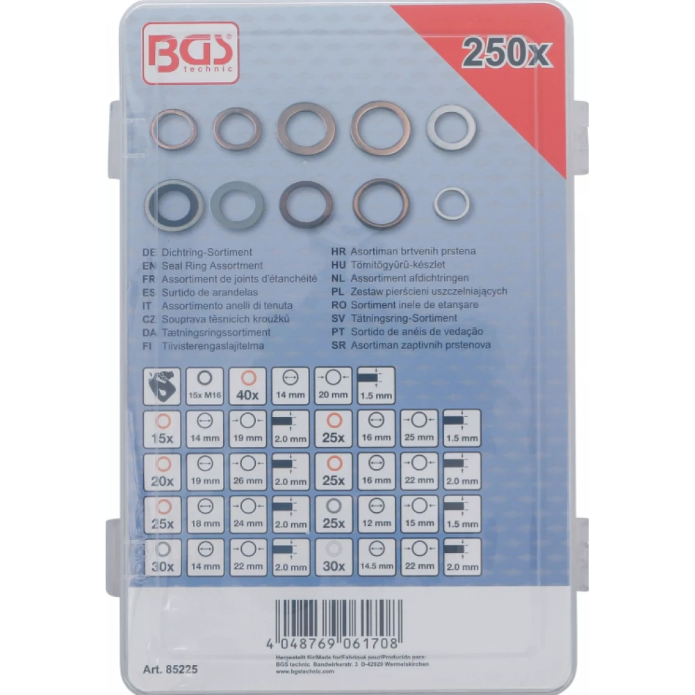 Гама уплътнителни пръстени, О-пръстени от мед, алуминий, найлон, 250 броя - BGS85225