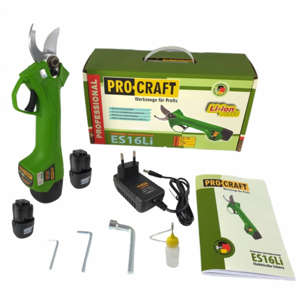 ES16Li Акумулаторна градинска ножица PROCRAFT, 16V Li-Ion, 2 Ah, с 2 батерии и зарядно