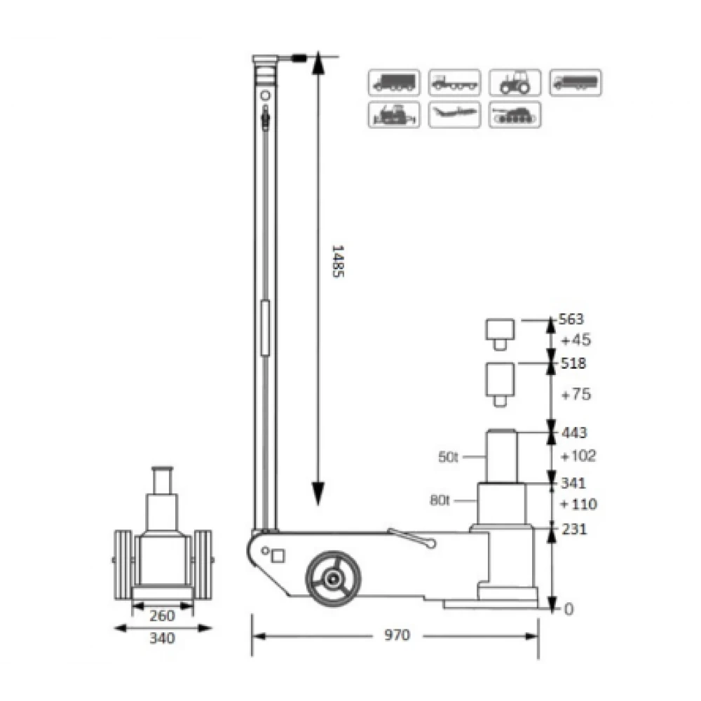 Пневматично - хидравличен крик 80 тона - 50 тона FJ80AHT