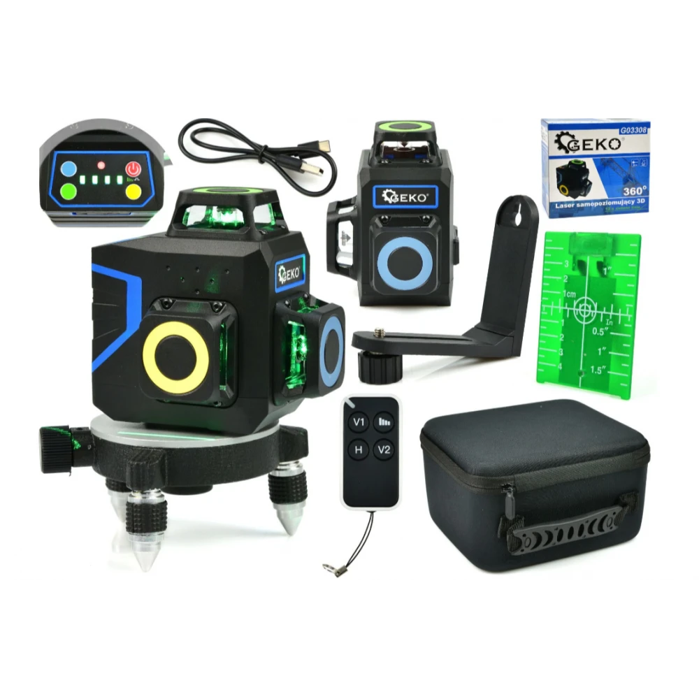 3D 360 градуса самонивелиращ се лазер 12x зелени линии - GEKO G03308