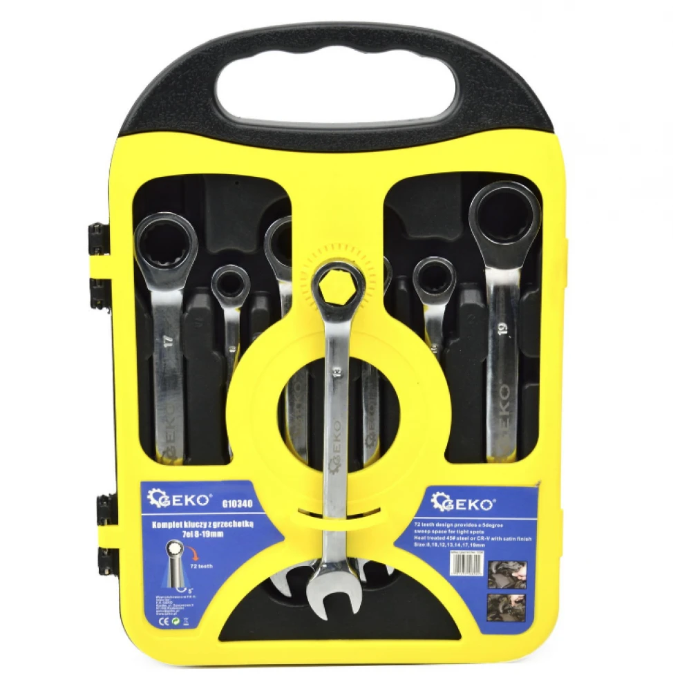 Комплект гаечни ключове с тресчотка 7 бр. 8-19 мм GEKO G10340
