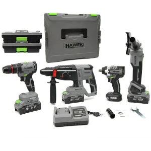 Комплект от акумулаторен перфоратор, ъглошлайф 125 мм, гайковерт и винтоверт 36V, с 3 броя батерии. 5Ah, в куфар и зарядно - HW-2042