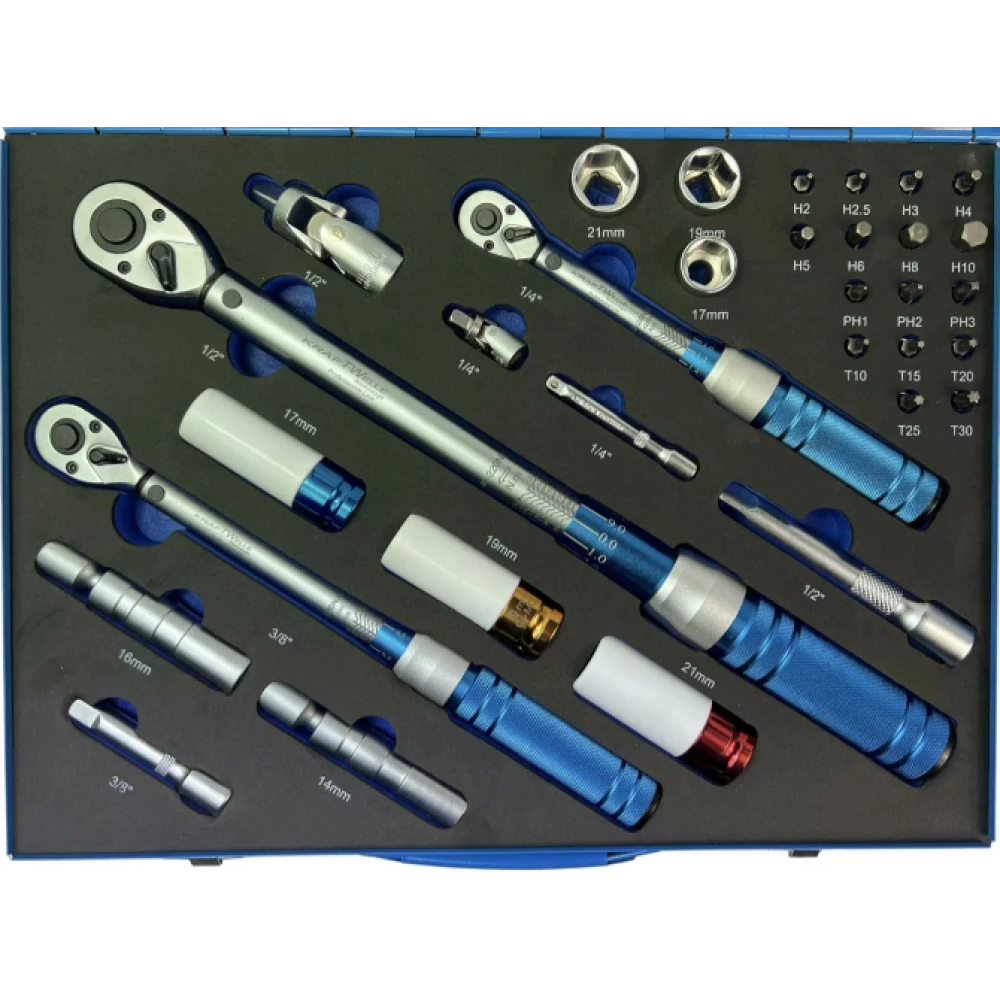Професионален комплект динамометрични ключове 32 части 1/4, 3/8 и 1/2 със заключване на дръжката - HW-2106