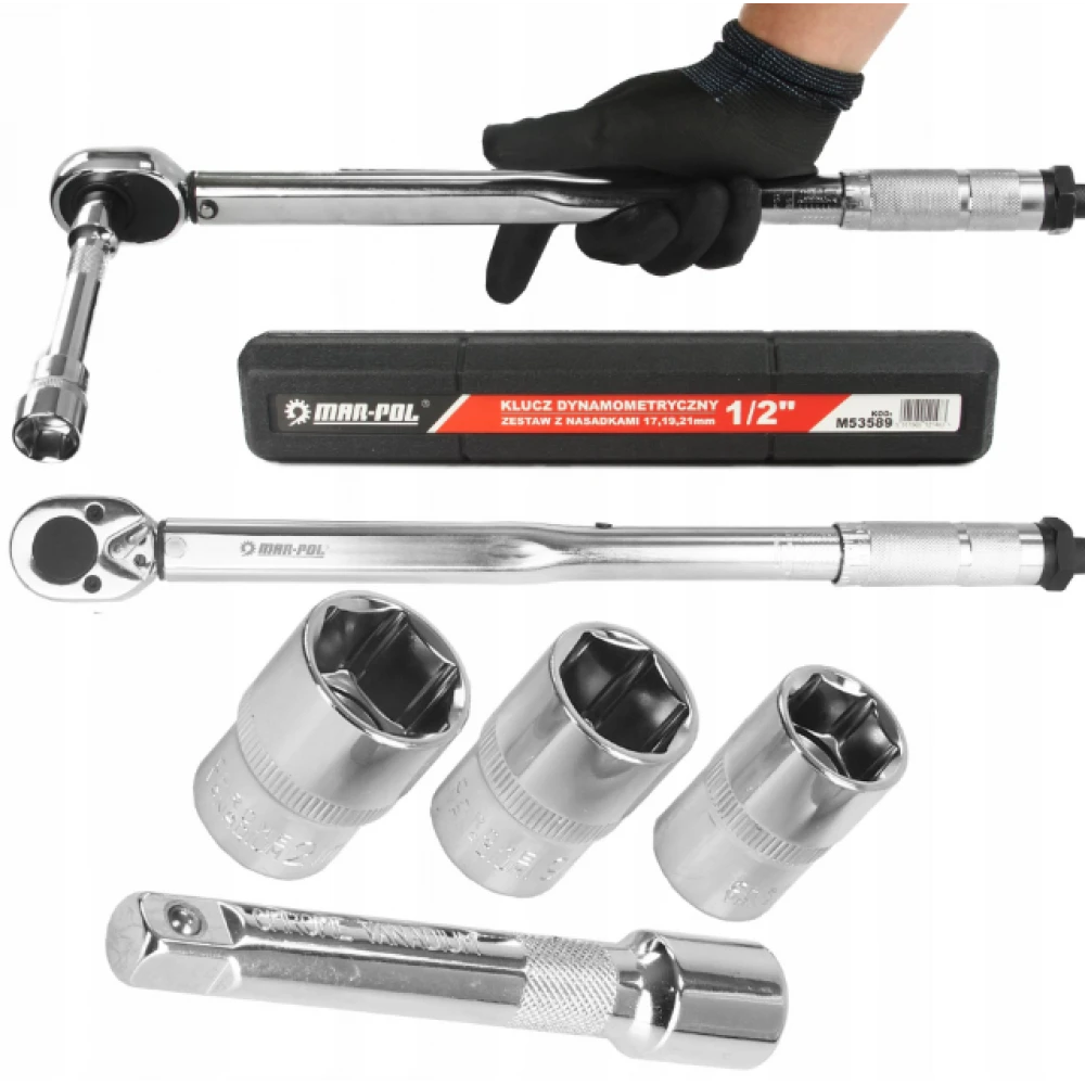 Динамометричен ключ 1/2″, 28 – 210 Nm + комплект вложки (17, 19, 21 мм) + удължител 125 мм - HW-2335