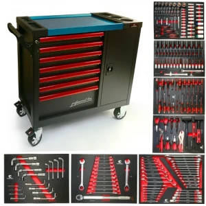 Професионален шкаф с метален плот, със 7 чекмеджета – пълни с инструменти - HW-2556