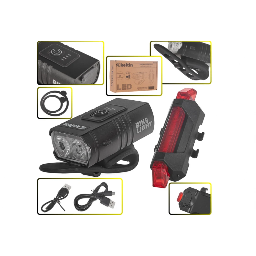 Комплект водоустойчиви светлини за велосипед, преден комплект (800lm/900mAh) + заден комплект (120lm/120mAh) - K02313