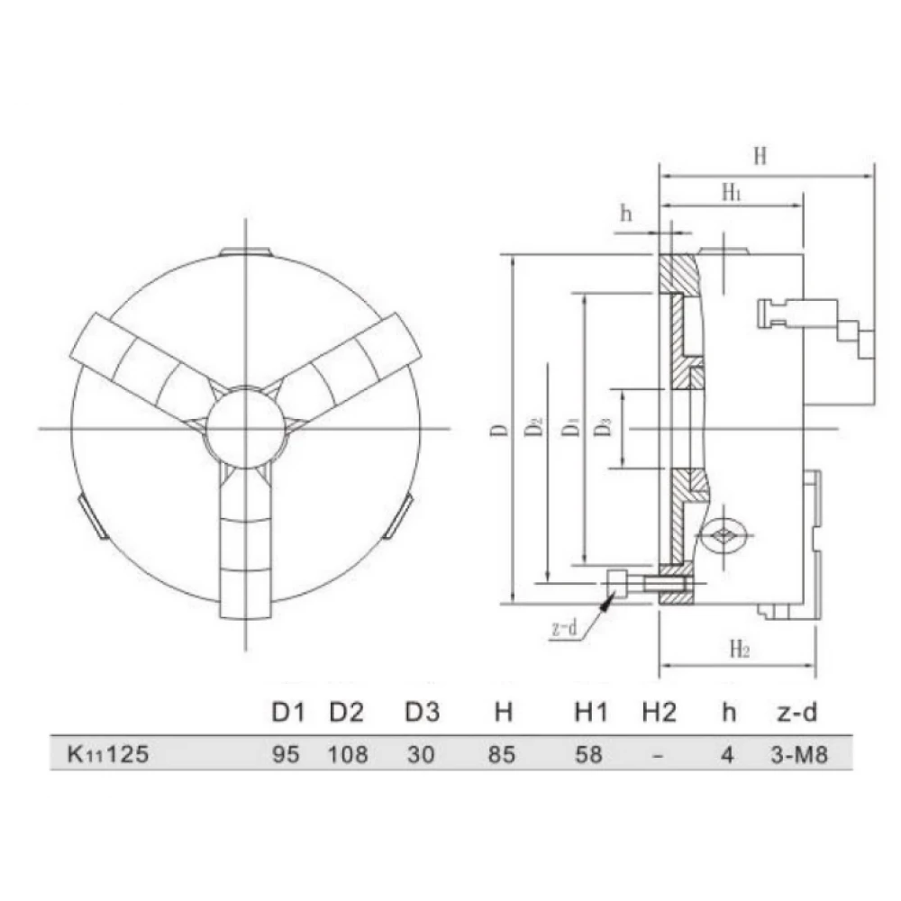 Самоцентриращ се тричелюстен патронник за струг, 125 мм - K11125