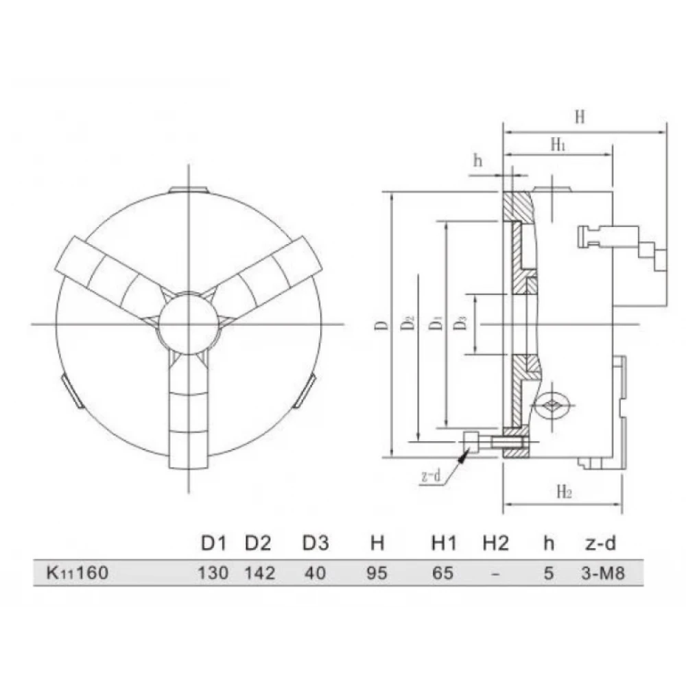 Самоцентриращ се тричелюстен патронник за струг, 160 мм - K11160