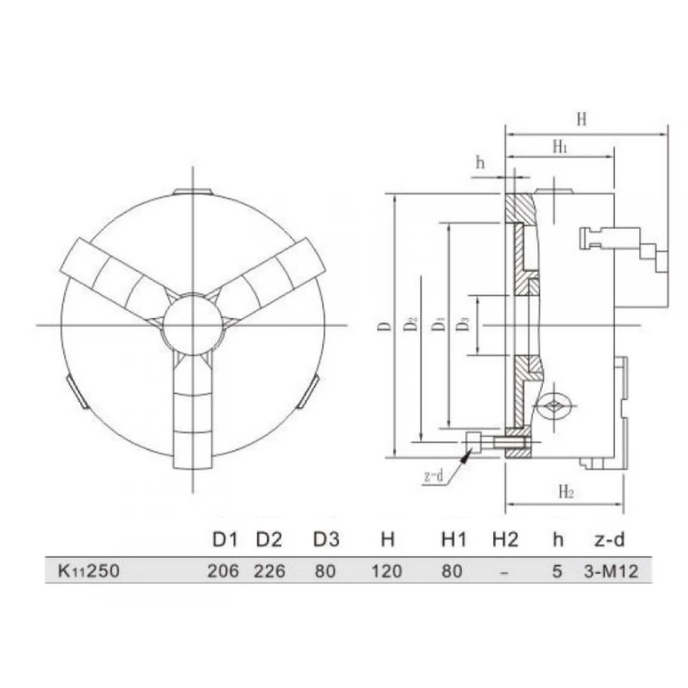 Самоцентриращ се тричелюстен патронник за струг, 250 мм - K11250
