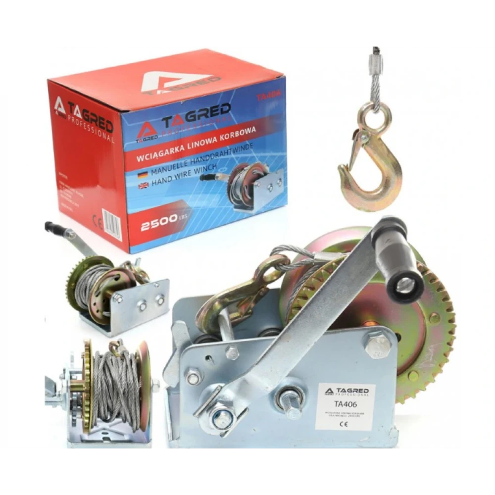 Лебедка с манивела, лебедка с кабел на манивела 1134 кг., 2500 LBS, 10 м въже - TA406